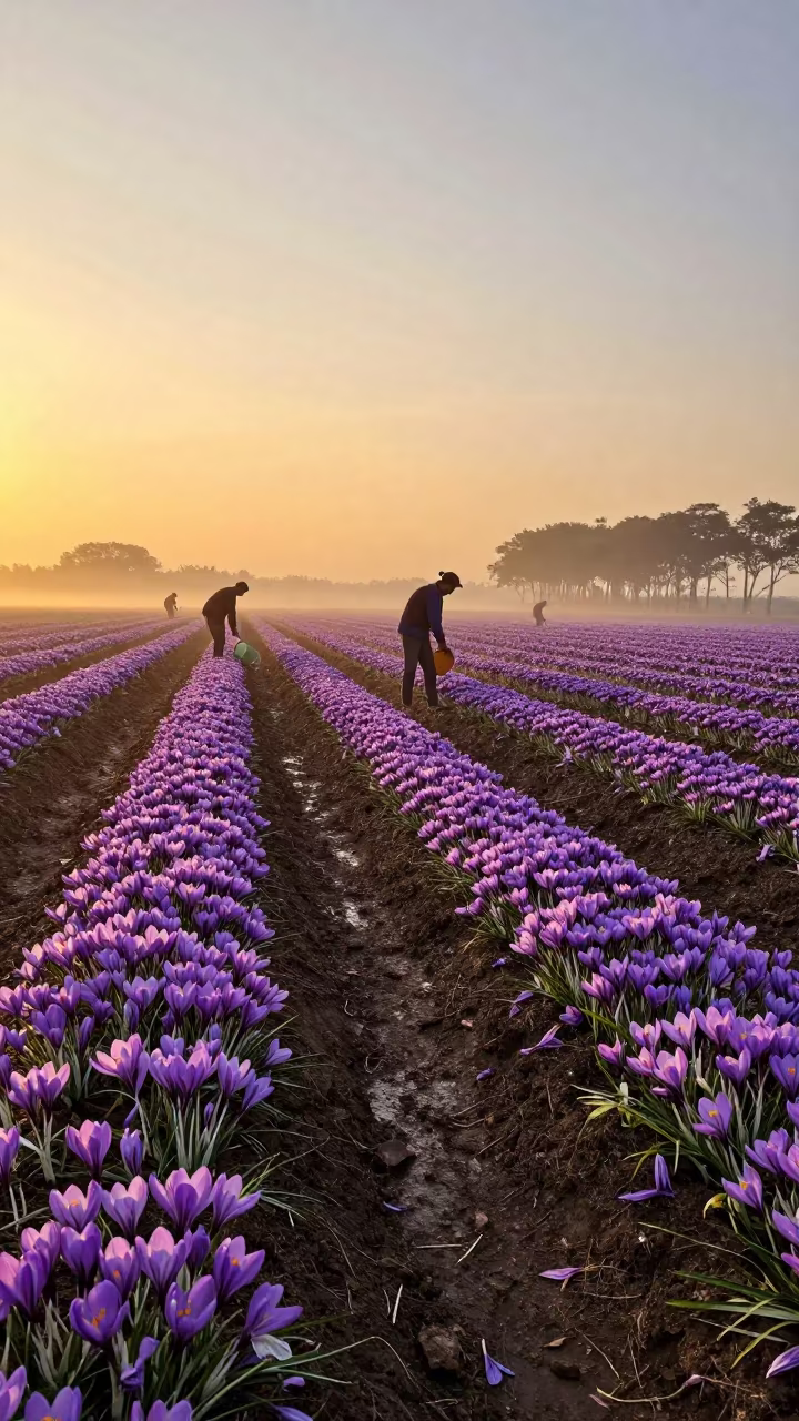 Saffron Crocus Harvest Golden Hour Belo Horizonte in along freshly irrigated rows near Belo Horizonte
