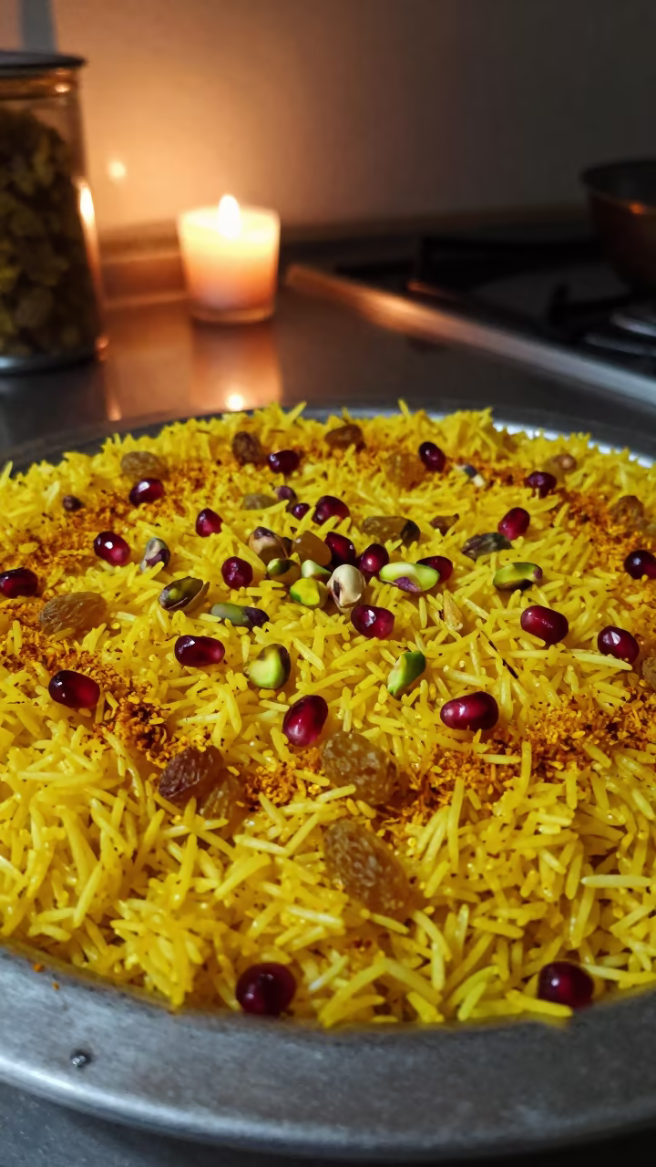Saffron Crusted Persian Jeweled Rice in on a kitchen worktop in Tangier
