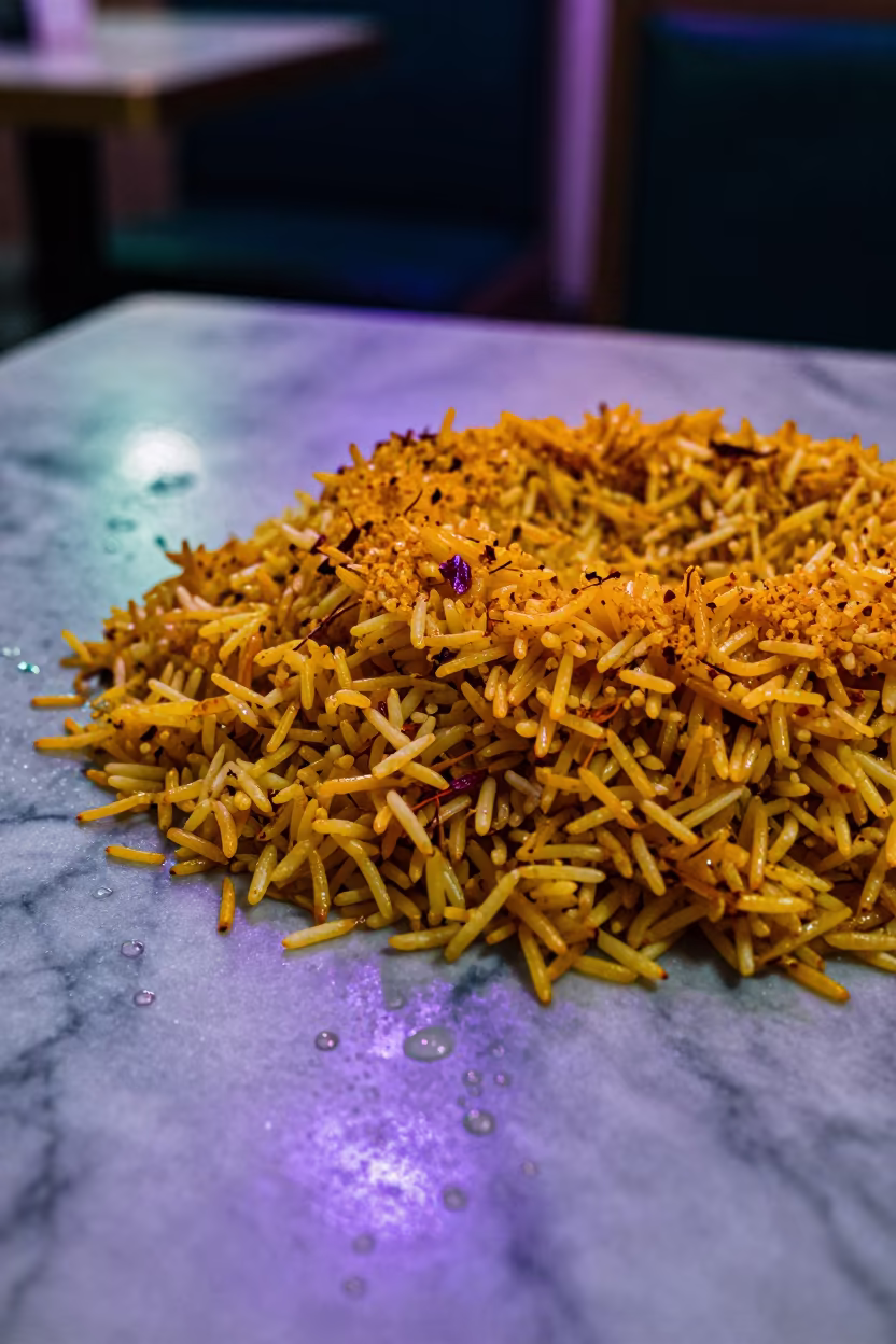 Saffron Crusted Persian Rice Neon Cafe in on a marble cafe table in Salem