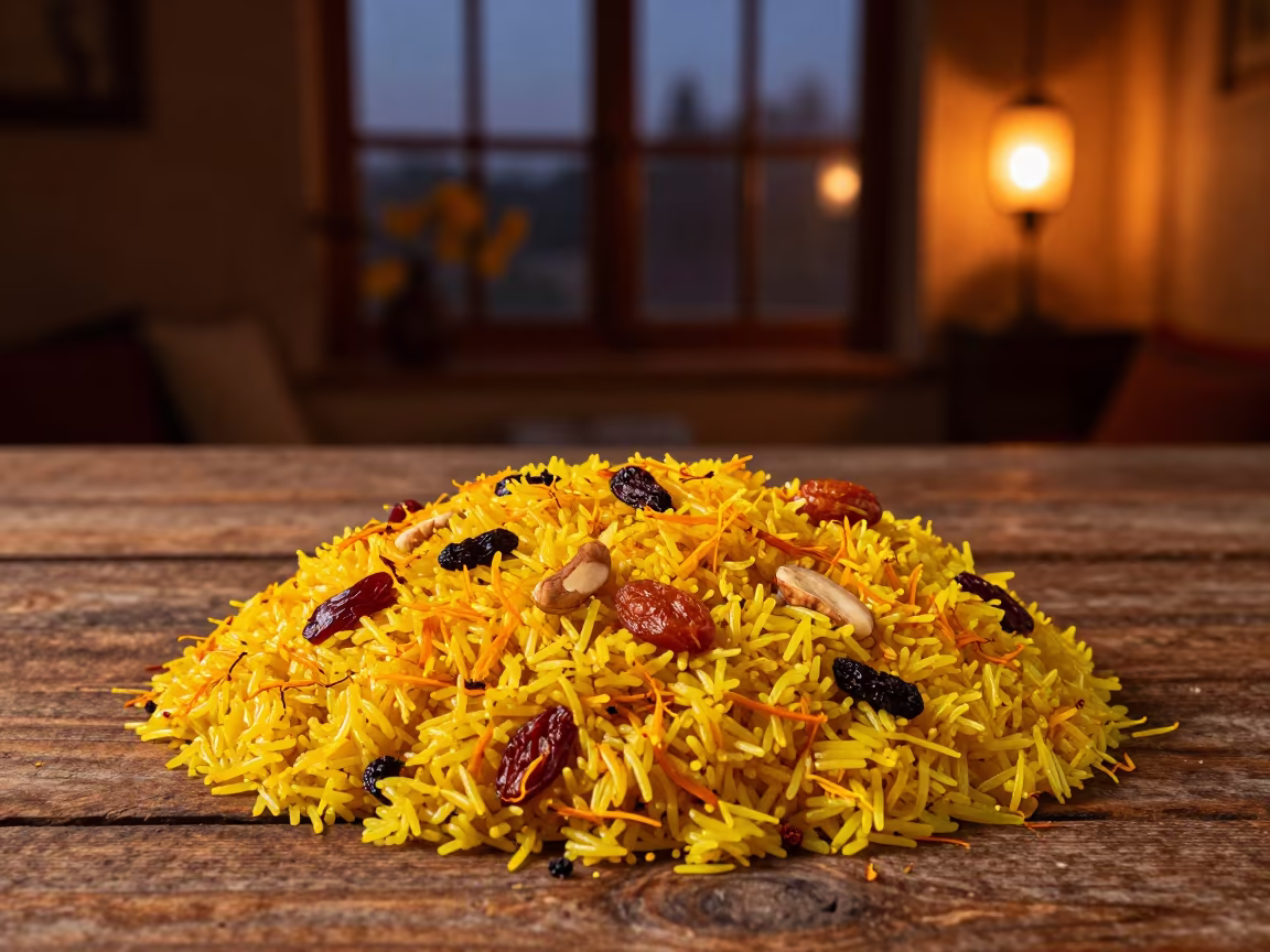 Saffron Crusted Persian Rice on Wooden Table in on a rustic wooden table in Minsk