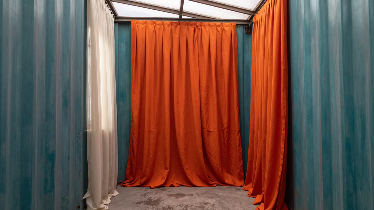 Saffron Fabric Against Oxidized Teal Metal in Skylit Passageway in inside a skylit passageway in Keur Massar Sud