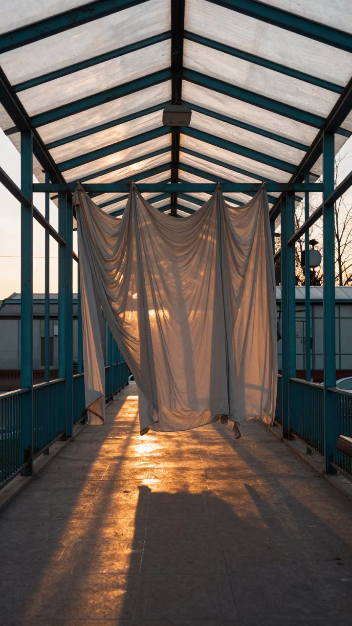 Saffron Fabric Against Teal Metal in Semey Arcade in inside a glass-roofed arcade in Semey