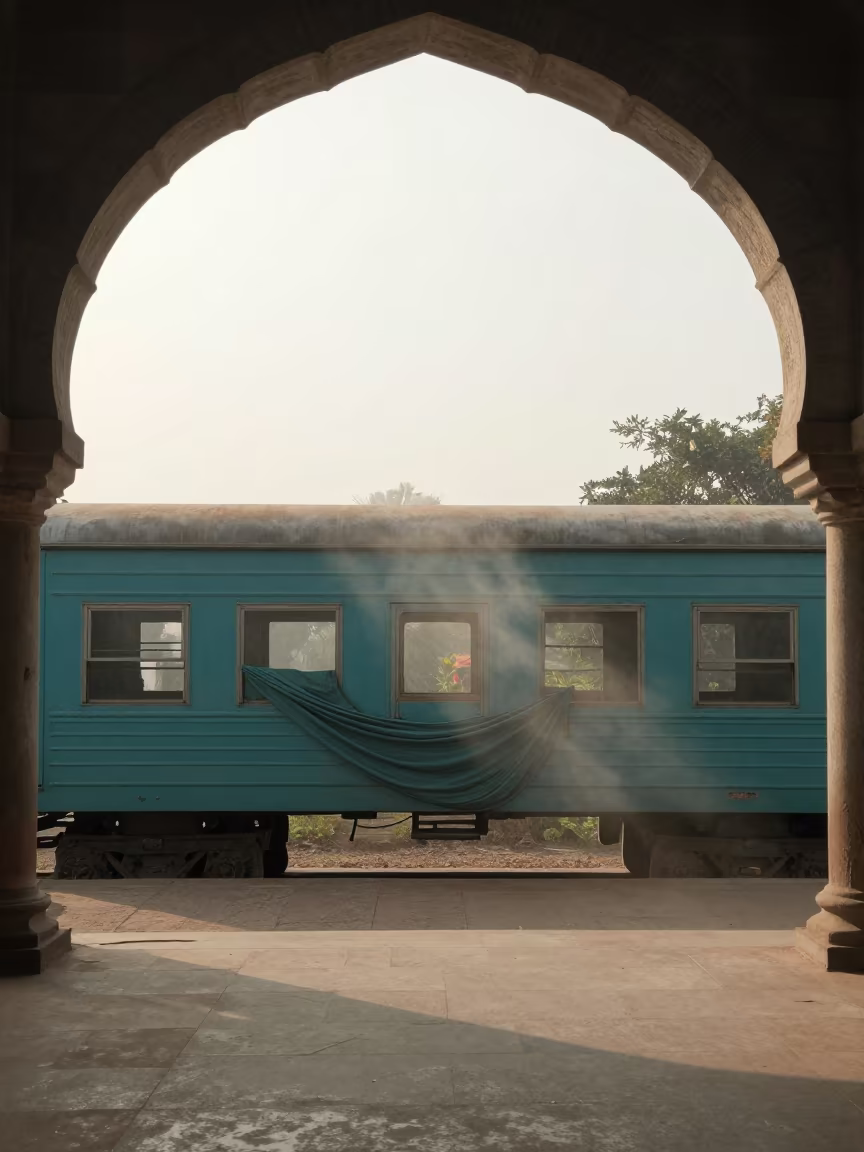 Saffron Fabric on Teal Metal in Vaulted Atrium in inside a vaulted atrium in Visakhapatnam