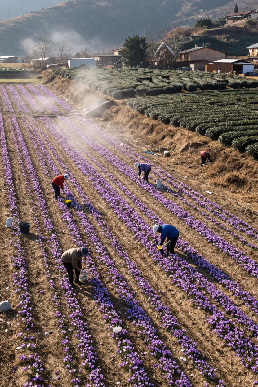 Saffron Harvest Field Above Fog in Late Afternoon in at the edge of a tea plantation near Punto Fijo