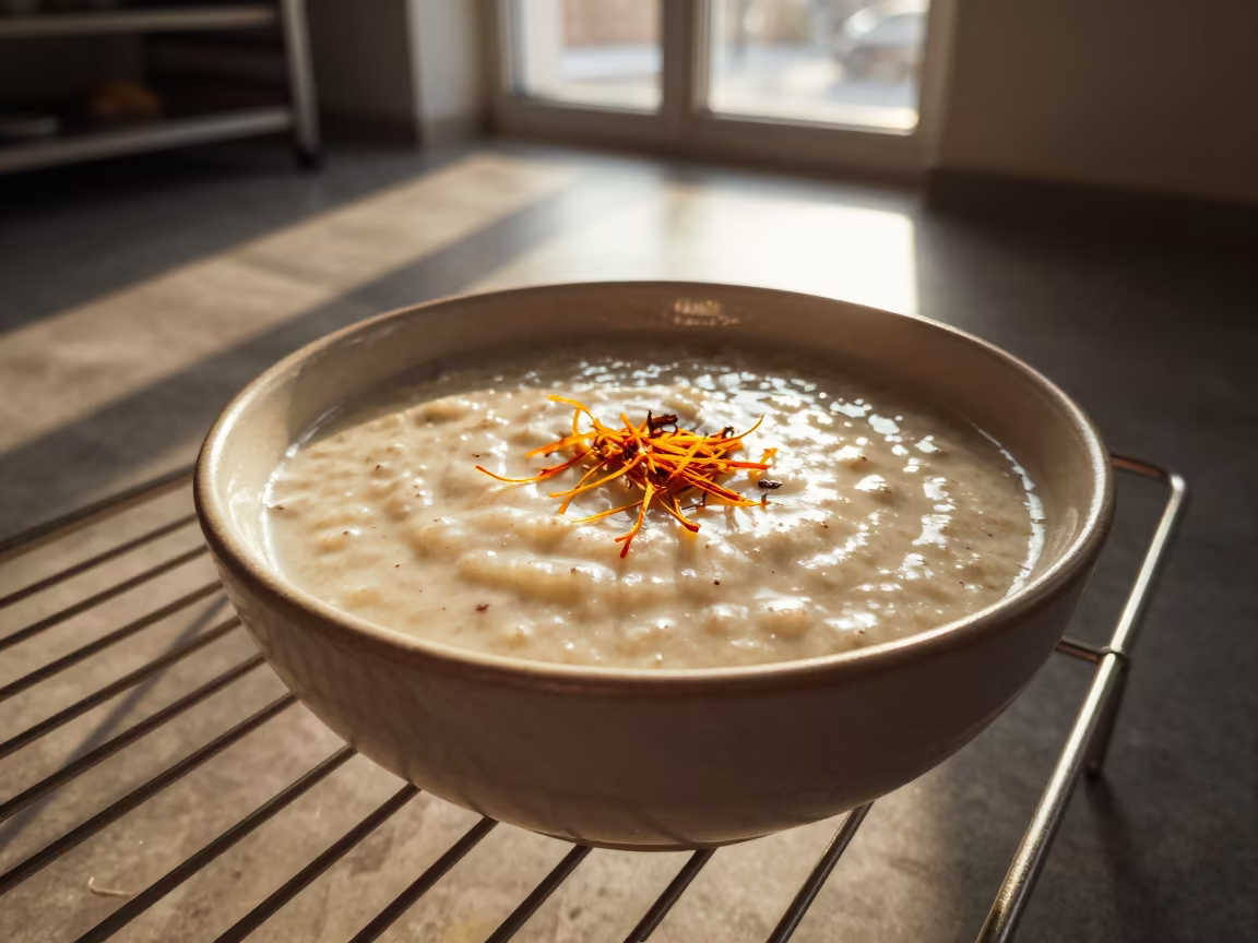 Saffron Kheer Bowl on Bakery Rack in on a bakery cooling rack in Novosibirsk