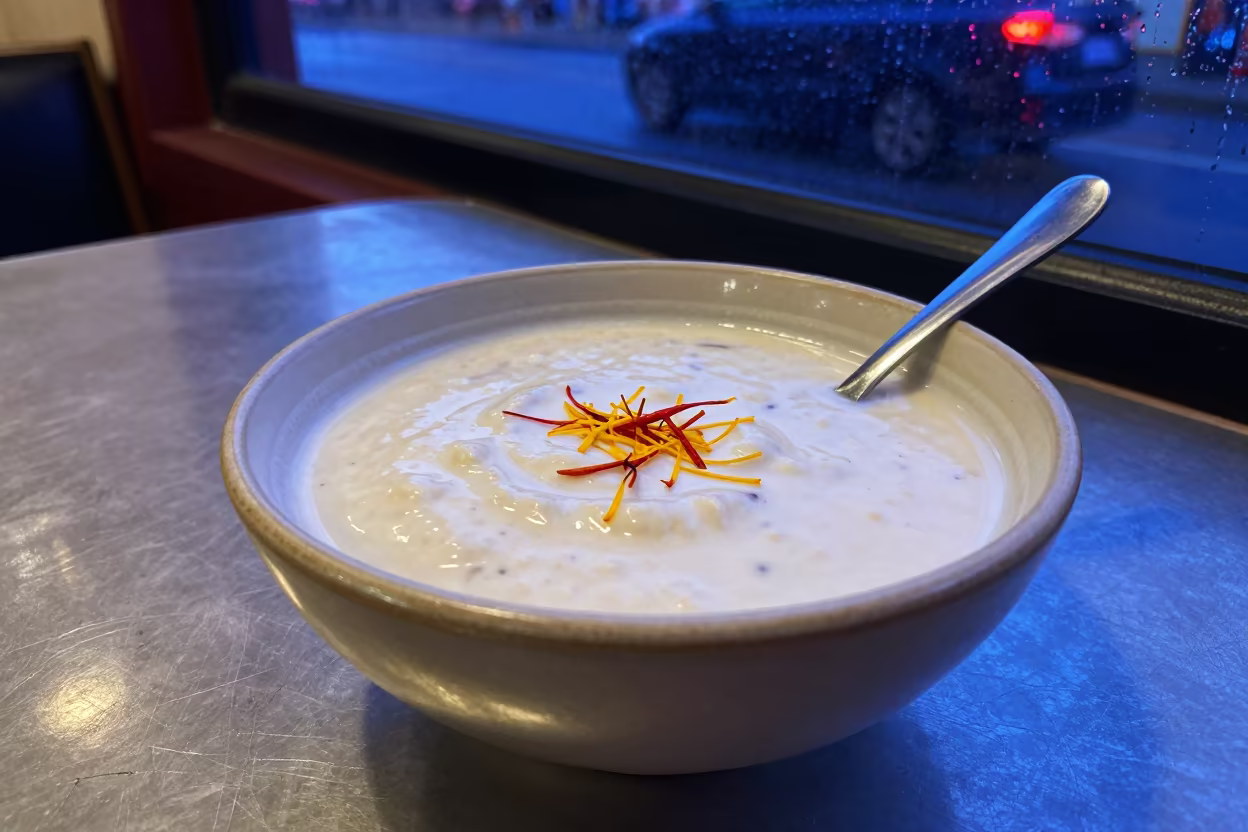 Saffron Kheer Bowl Neon Diner in at a roadside diner table in Kaya