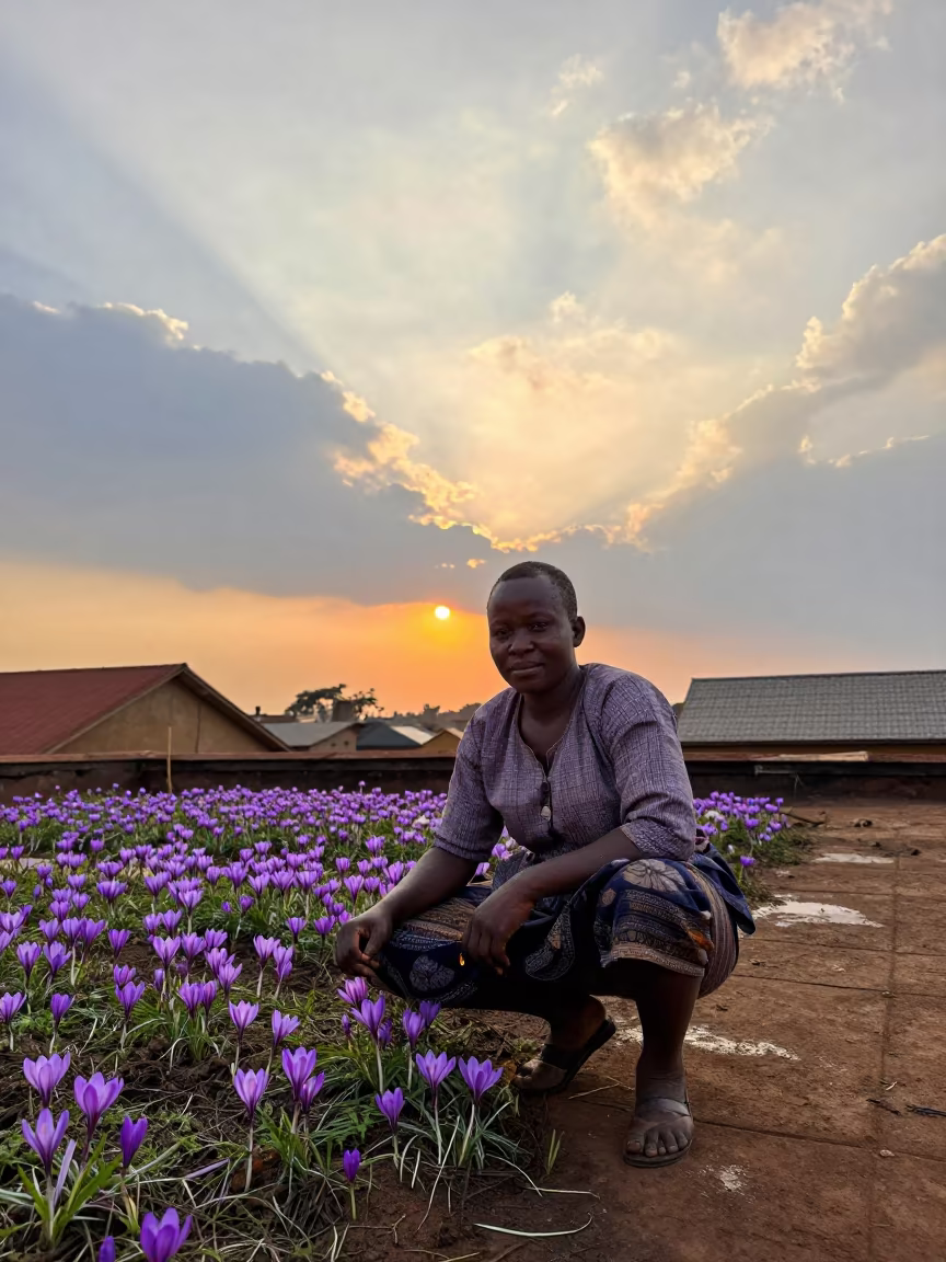 Saffron Picker in Crocus Field Rooftop in along a windswept rooftop near Kisangani
