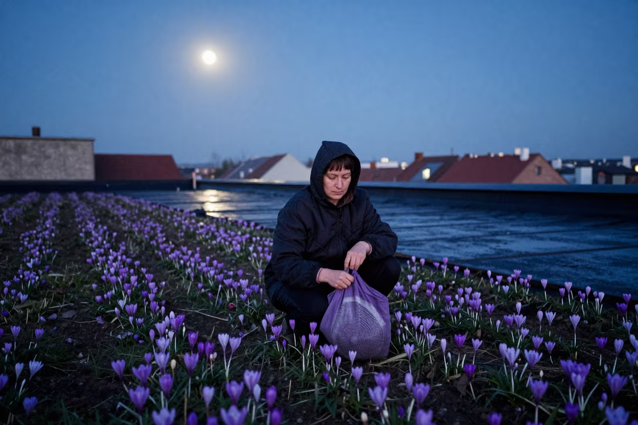 Saffron Picker in Crocus Field Rooftop Night in along a windswept rooftop near Lublin