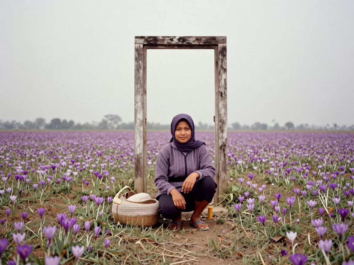 Saffron Picker Crouching in Purple Crocus Field in against a weathered doorway near Palembang