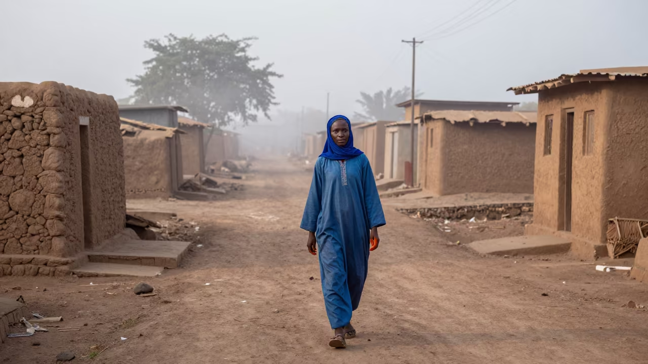 Saffron Picker in Dawn Fog Village Lane in in a village lane near Maiduguri