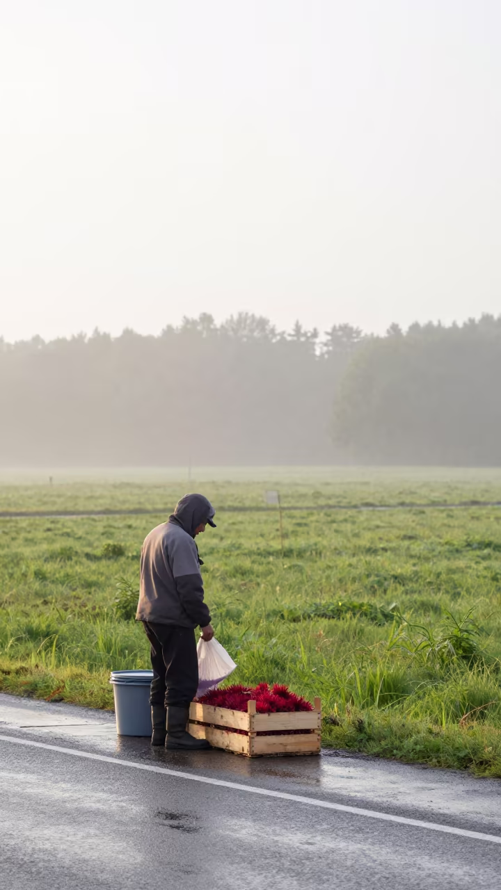 Saffron Picker Dawn Misty Roadside Turku Summer in at a roadside stop near Turku