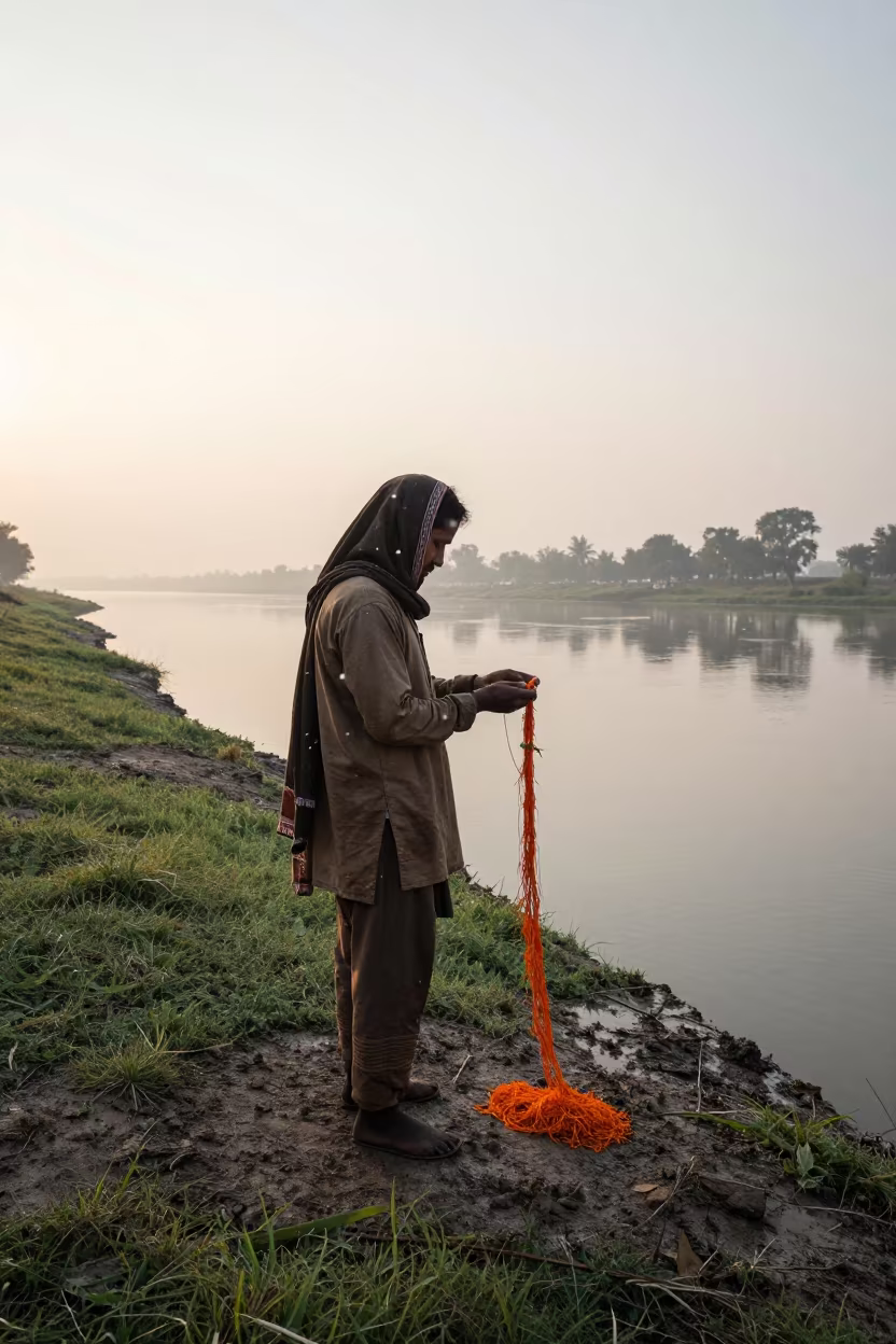 Saffron Picker Dawn Riverbank Mymensingh Snow in by a riverbank near Mymensingh