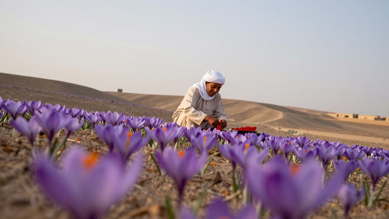 Saffron Picker at Dawn on Sharjah Hillside in on a hillside near Sharjah