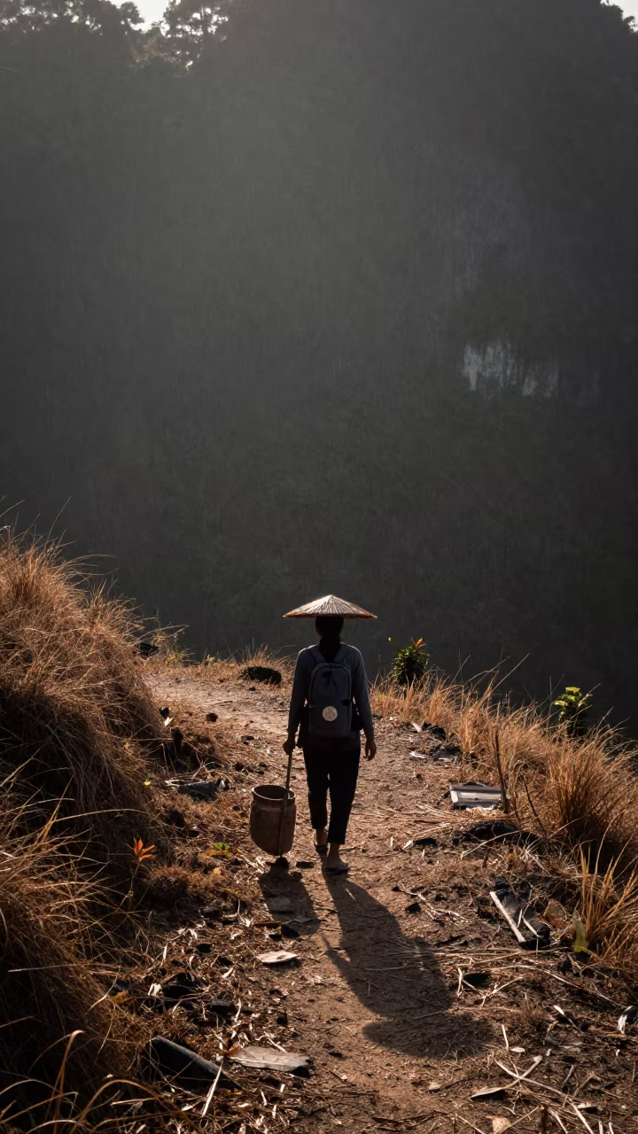 Saffron Picker on Krabi Mountain Path at Dawn in on a mountain path near Krabi