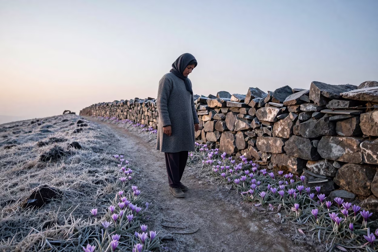 Saffron Picker on Rawalpindi Mountain Path at Dawn in on a mountain path near Rawalpindi