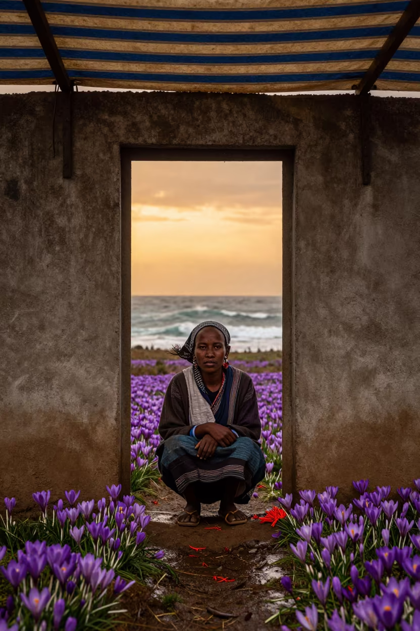 Saffron Picker Under Striped Awning at Sunset in under a striped market awning near Wolaita Sodo