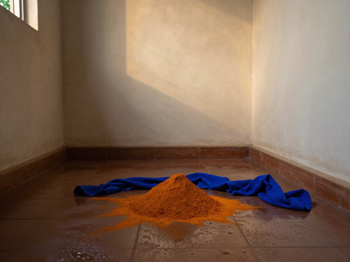 Saffron Powder Cobalt Cloth Rain Study Brazzaville in inside a skylit passageway in Brazzaville
