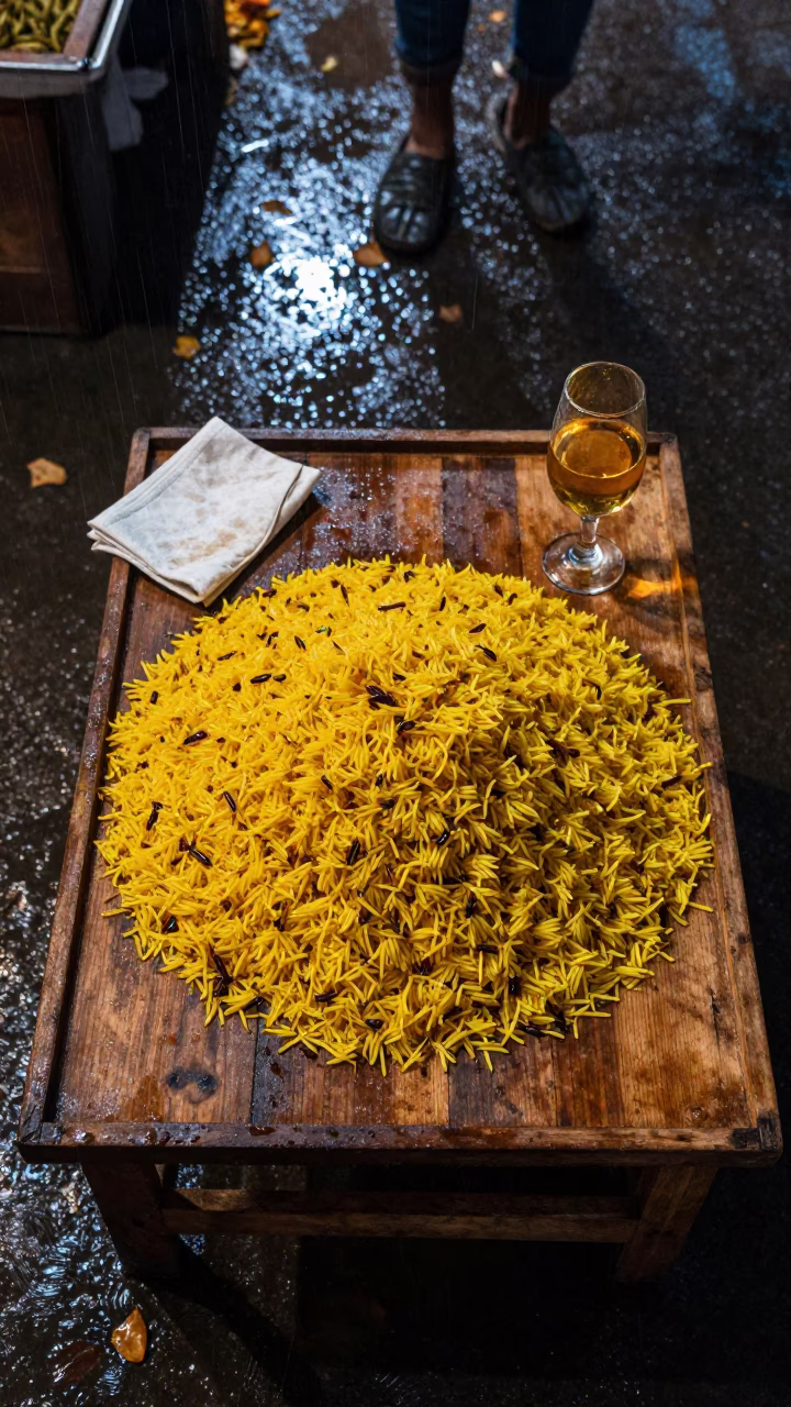 Saffron Rice and Amber Wine at Ajmer Night Market in at a fish market counter near Ajmer