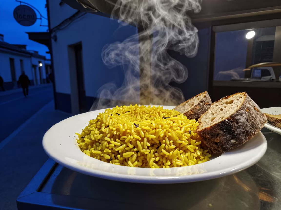 Saffron Rice and Bread in Elche Bakery in in a bakery display case in Elche