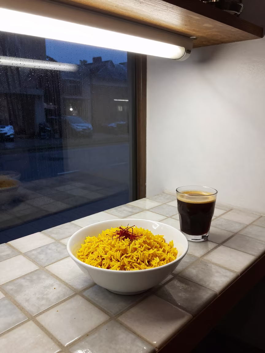 Saffron Rice Espresso Before Dawn Santa Teresa in on a small cafe table by a window in Santa Teresa del Tuy