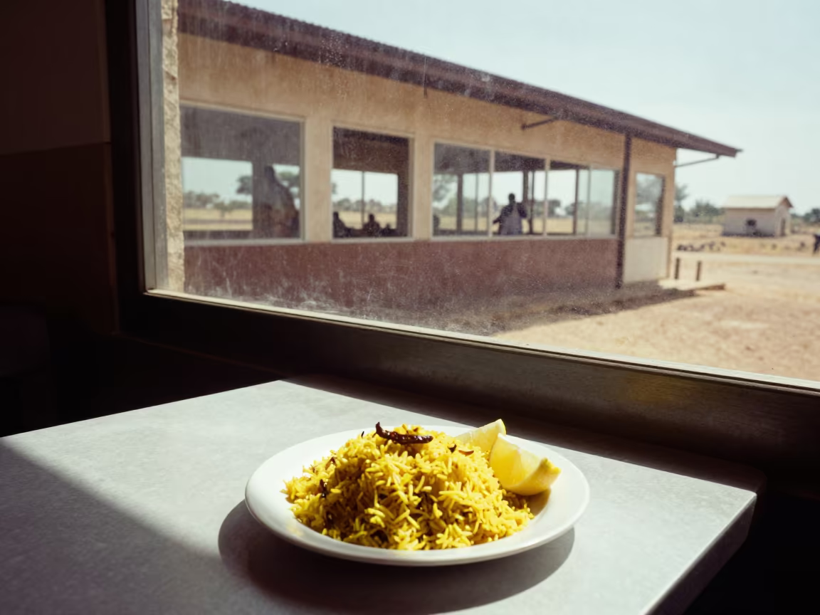 Saffron Rice Lemon Window Loop Maun Noon in at a roadside diner table in Maun