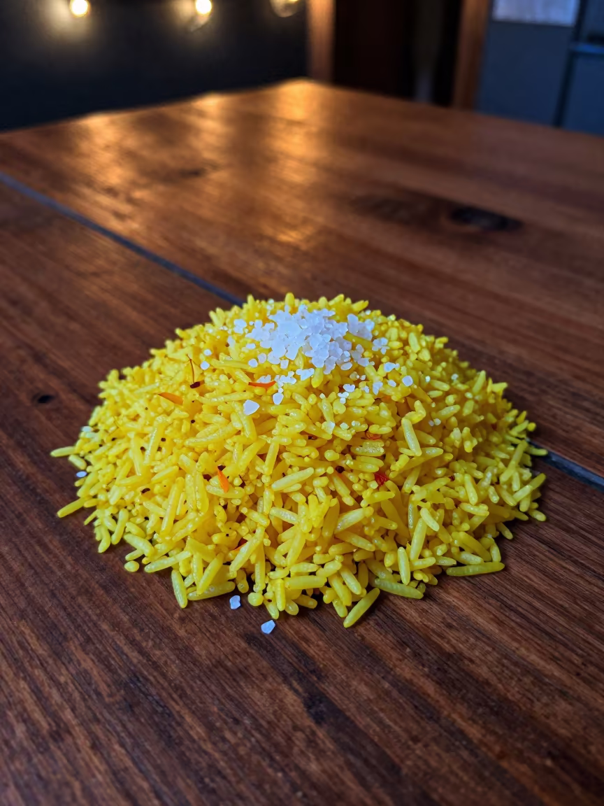 Saffron Rice Salt Flakes Blue Hour Nashville in on a rustic wooden table in Germantown, Nashville