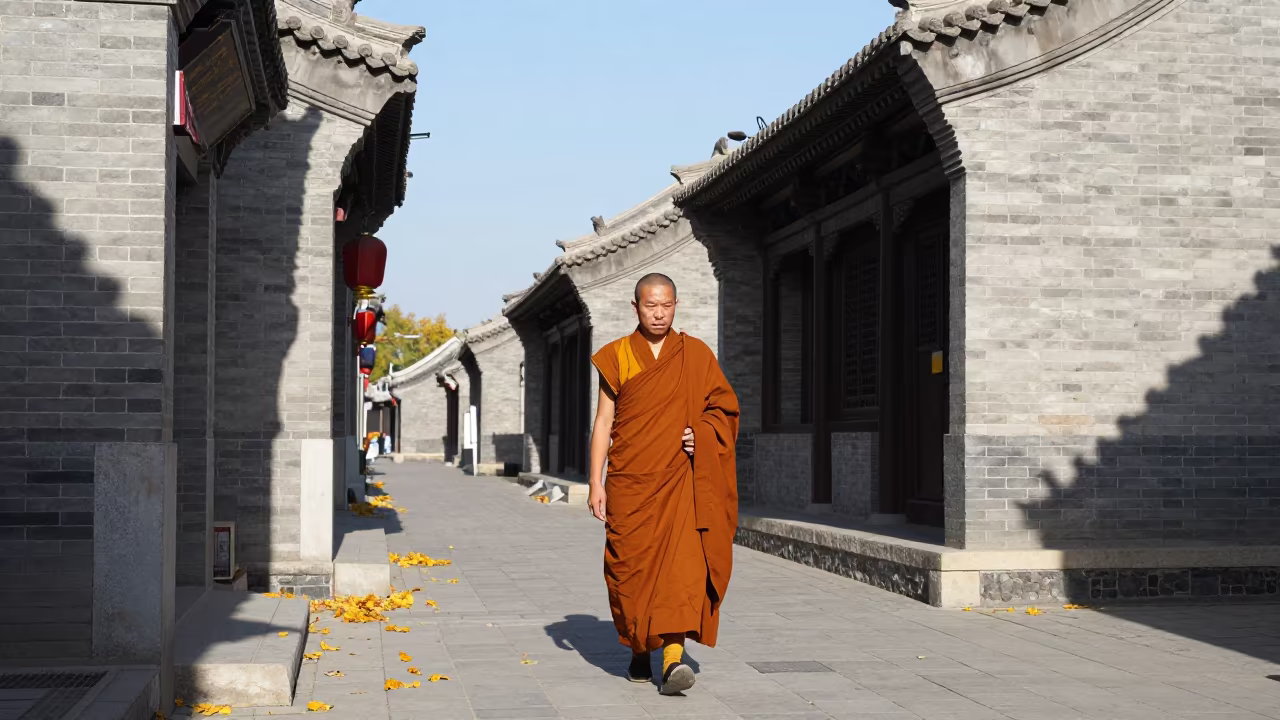 Saffron Robed Monk on Taiyuan Street Morning in in Taiyuan