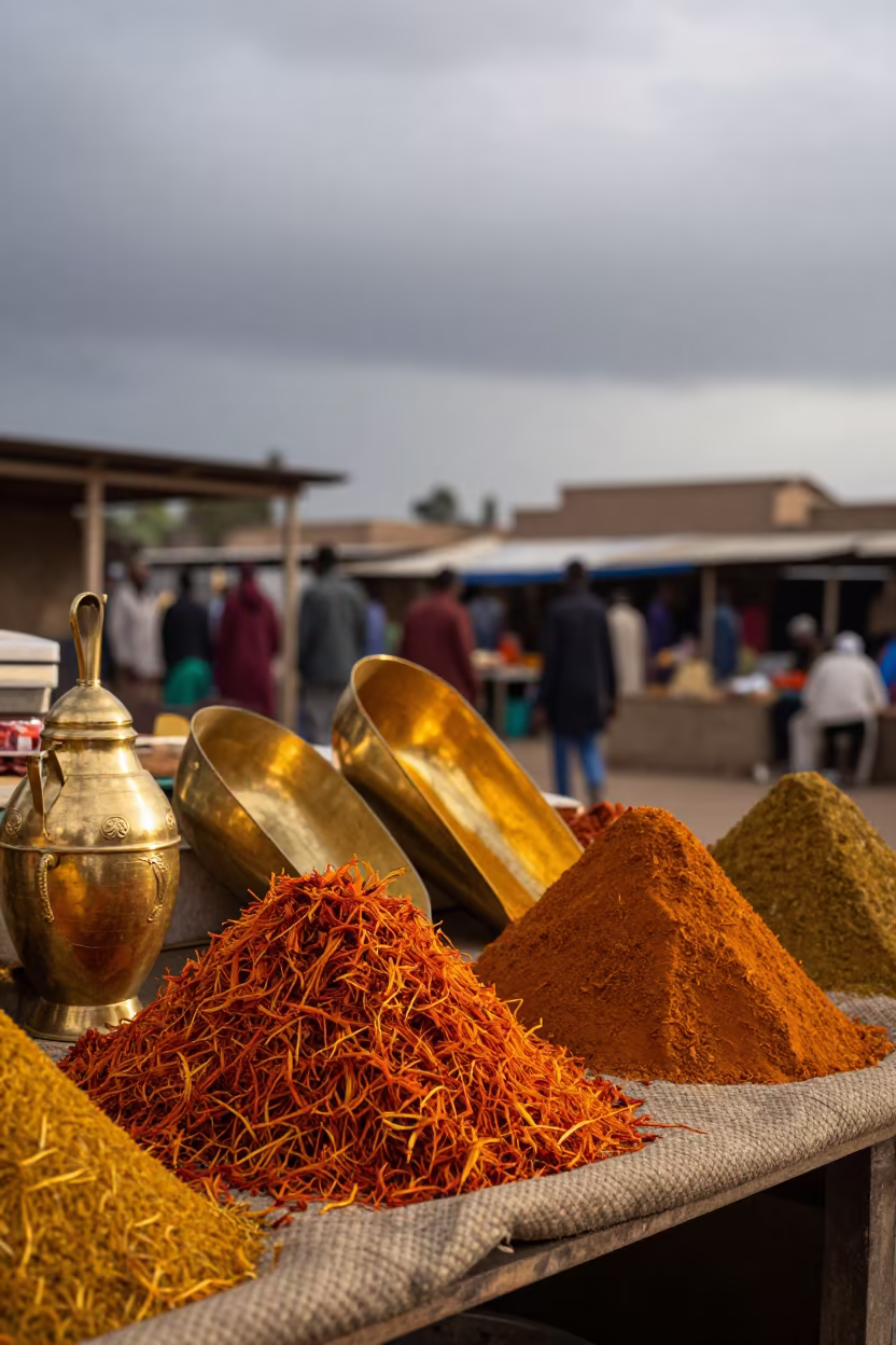 Saffron Threads and Brass Scoops in Jijiga Dawn in at a market stall in Jijiga