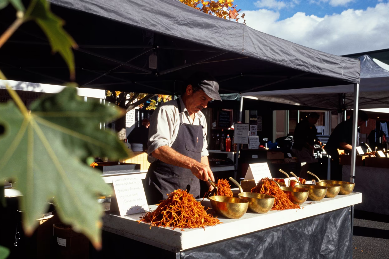 Saffron Threads and Brass Scoops in Melbourne Market in under a market canopy in Brunswick, Melbourne
