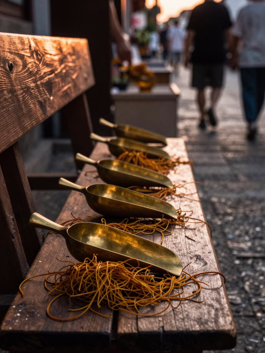 Saffron Threads and Brass Scoops on Suzhou Market Bench in at a flower auction bench in Suzhou
