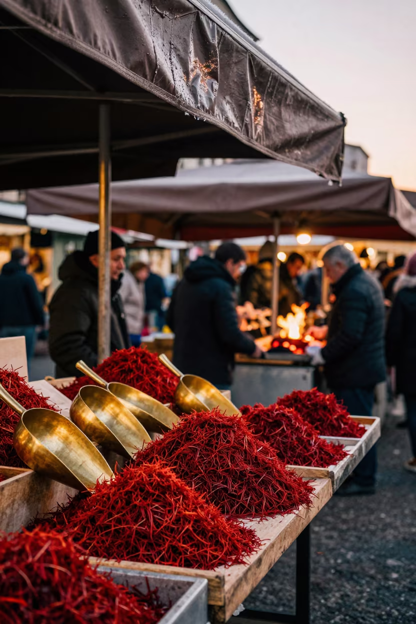 Saffron Threads and Brass Scoops at Trieste Market in at a market stall in Trieste