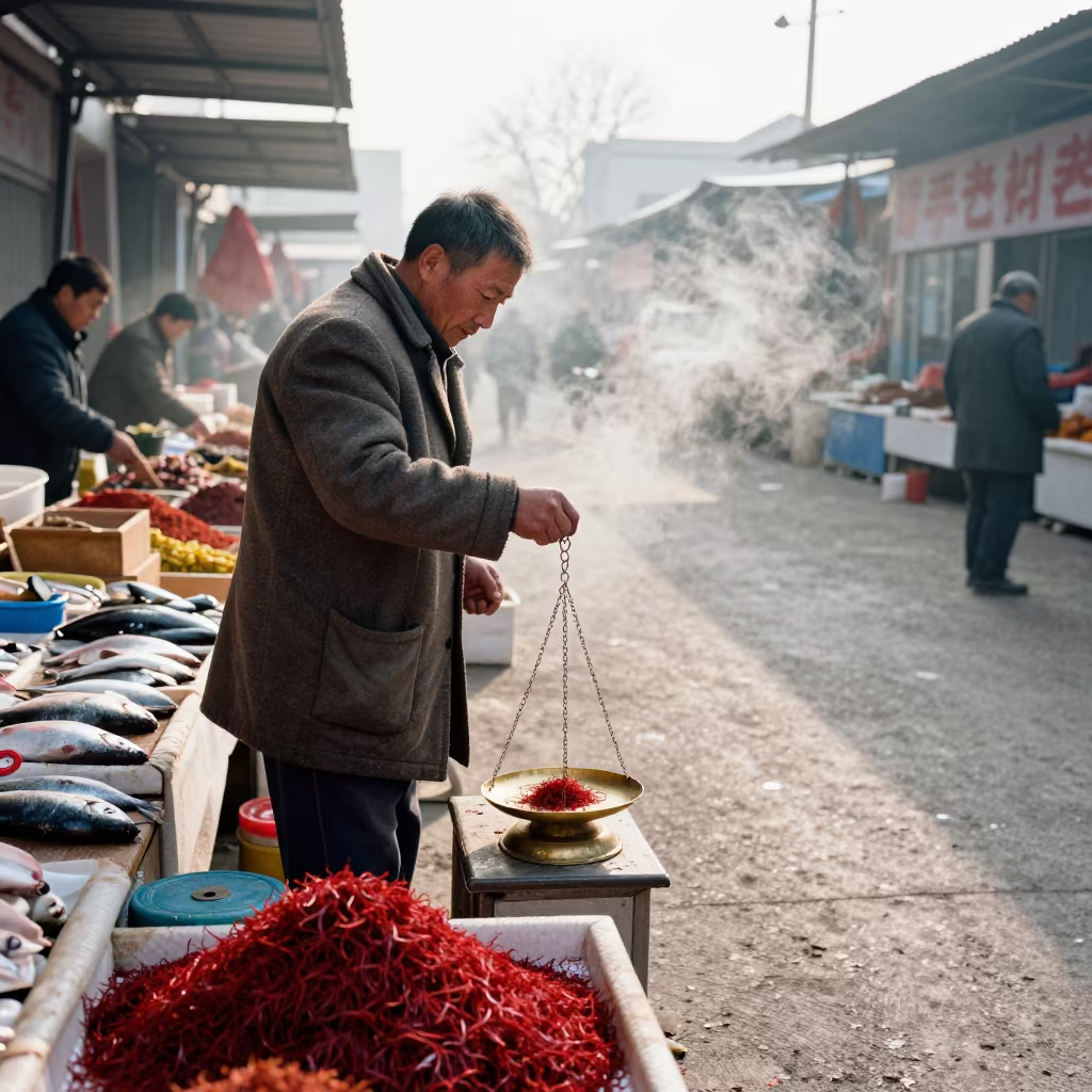 Saffron Trader Weighing Spices at Dawn Market in beside a fish counter in Hohhot