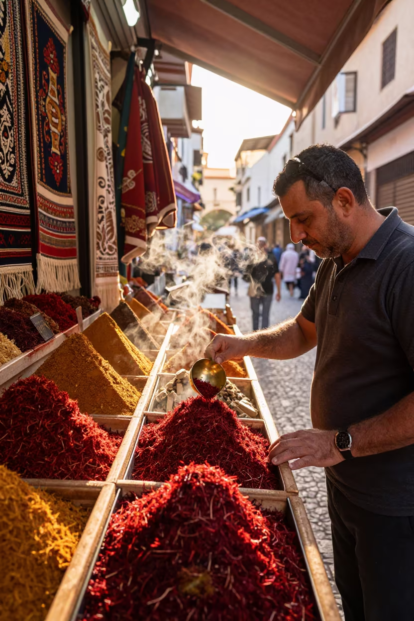 Saffron Vendor Scoops Threads at Cordoba Market Stall in at a textile trader's stall in Cordoba Argentina