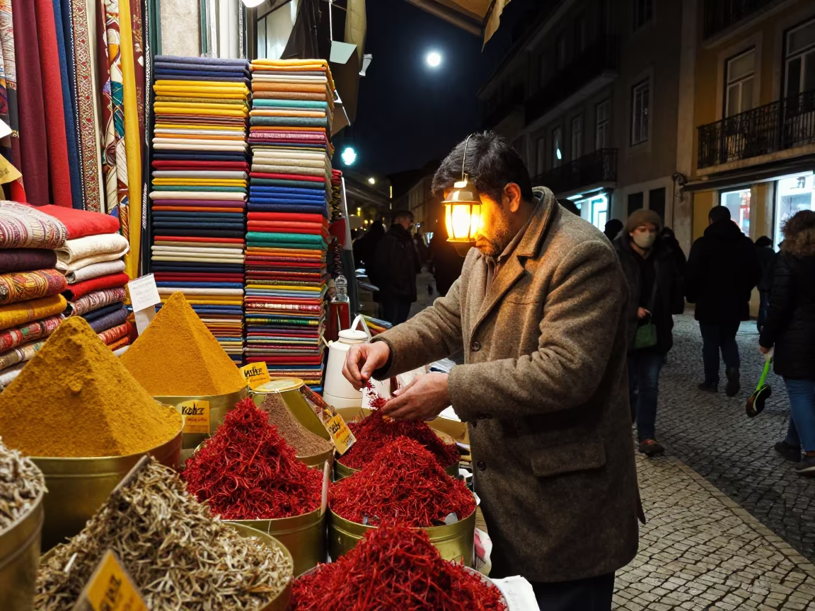 Saffron Vendor in Winter Moonlight Lisbon Market in at a textile trader's stall in Principe Real, Lisbon