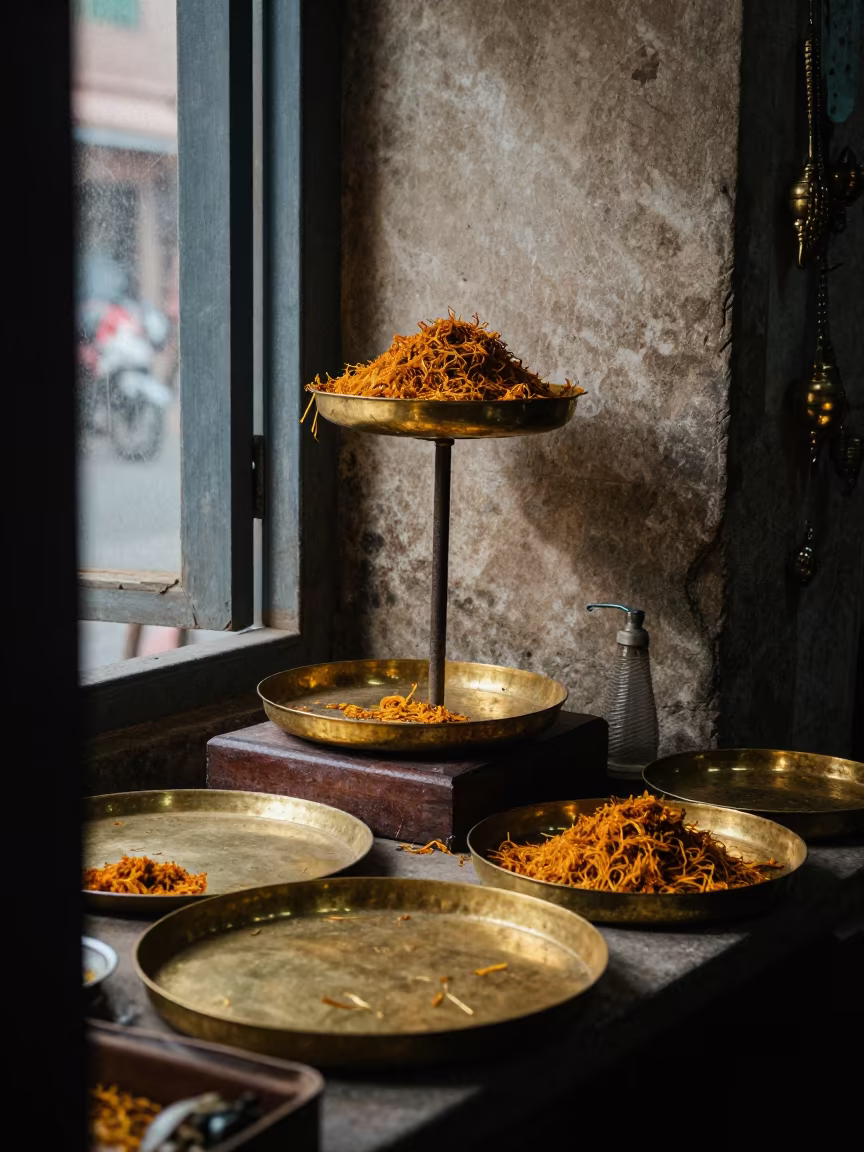 Saffron Weighed on Brass Scale in Jaipur Souk in inside a jeweler's stall with brass scales and trays in Jaipur