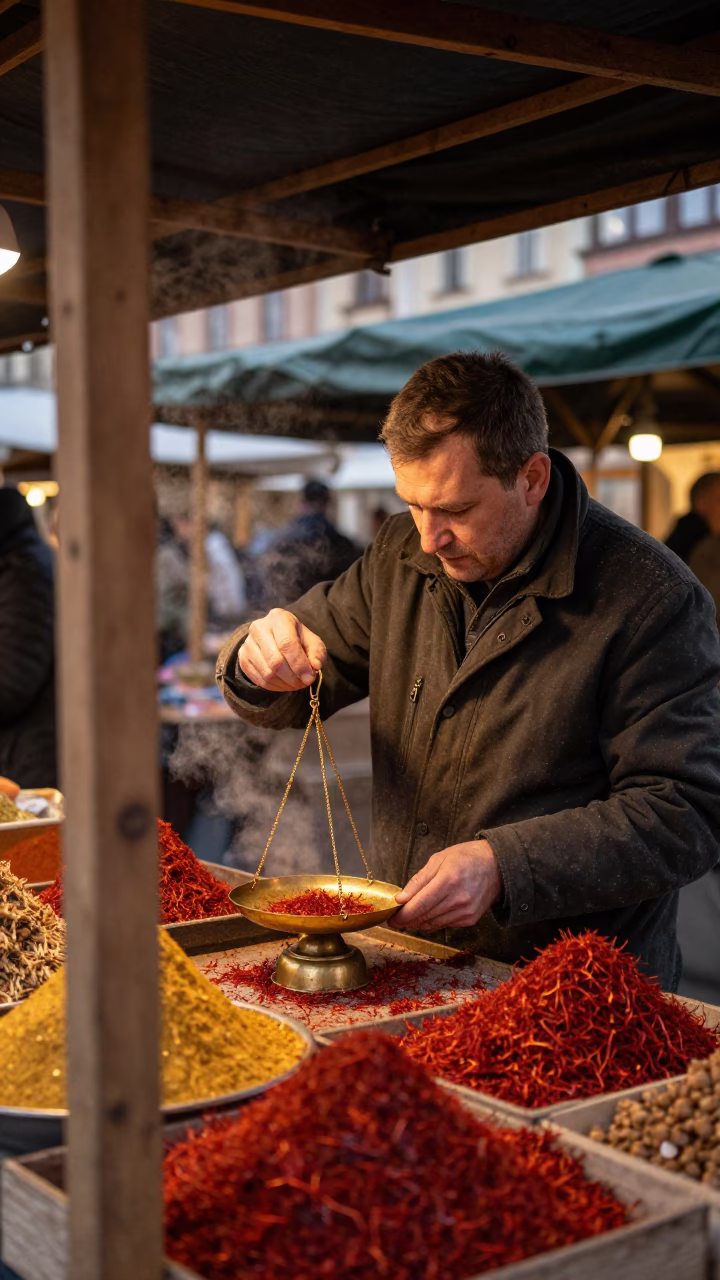 Saffron Weighing Under Market Canopy in under a market canopy in Katowice