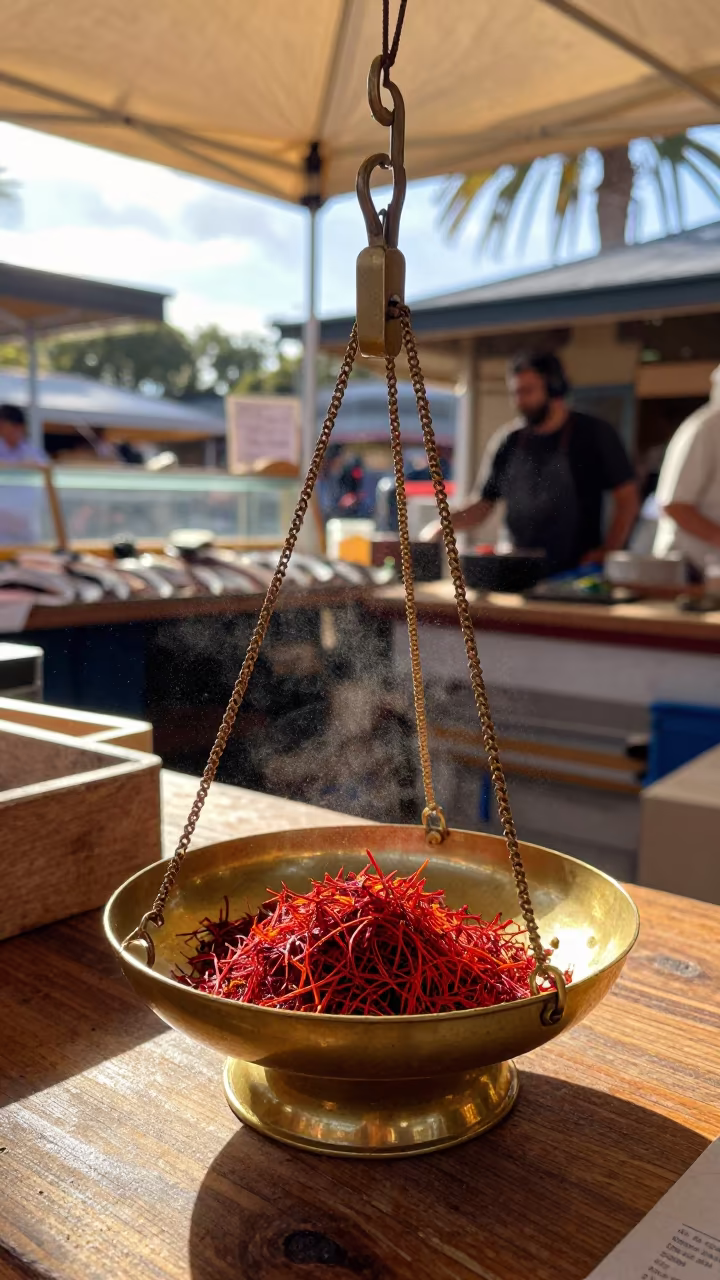 Saffron Weighing at Sydney Market Counter in beside a fish counter in The Rocks, Sydney