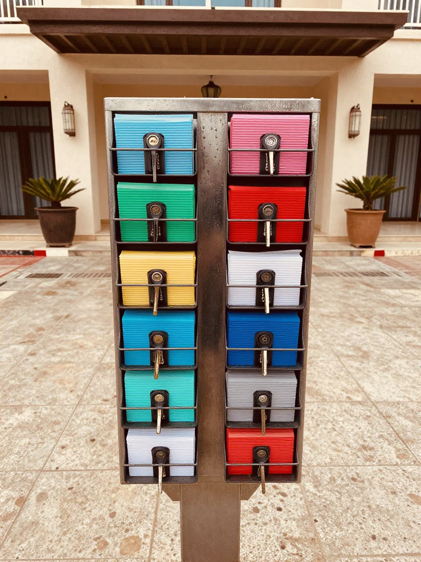 Safi Hotel Valet Key Rack After Rain in at a curbside valet stand outside a hotel entrance near Safi
