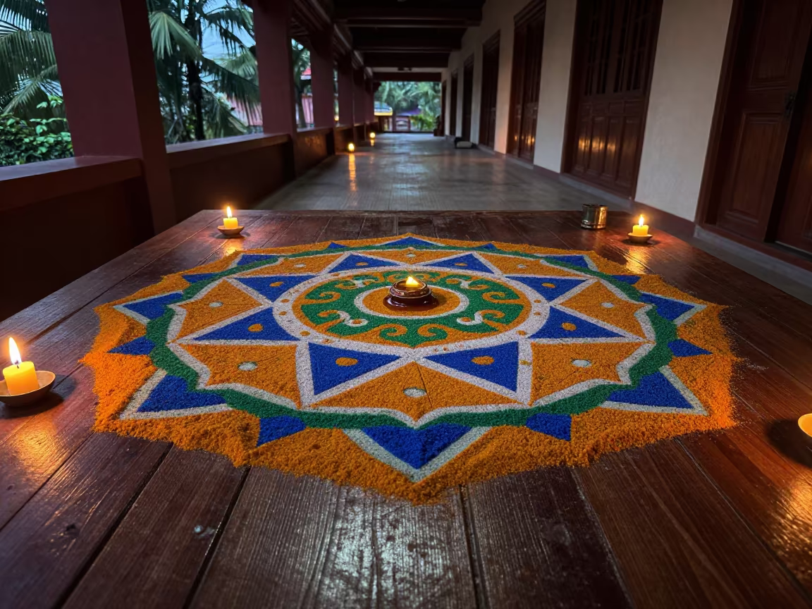 Safi Monastery Sand Mandala in Evening Candlelight in along a monastery corridor in Safi