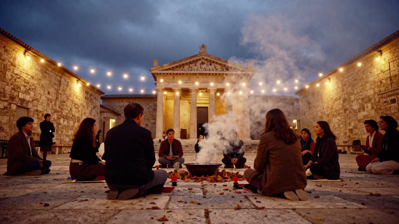 Sage Smudging Ceremony in Ajaccio Twilight Courtyard in in a temple courtyard in Ajaccio