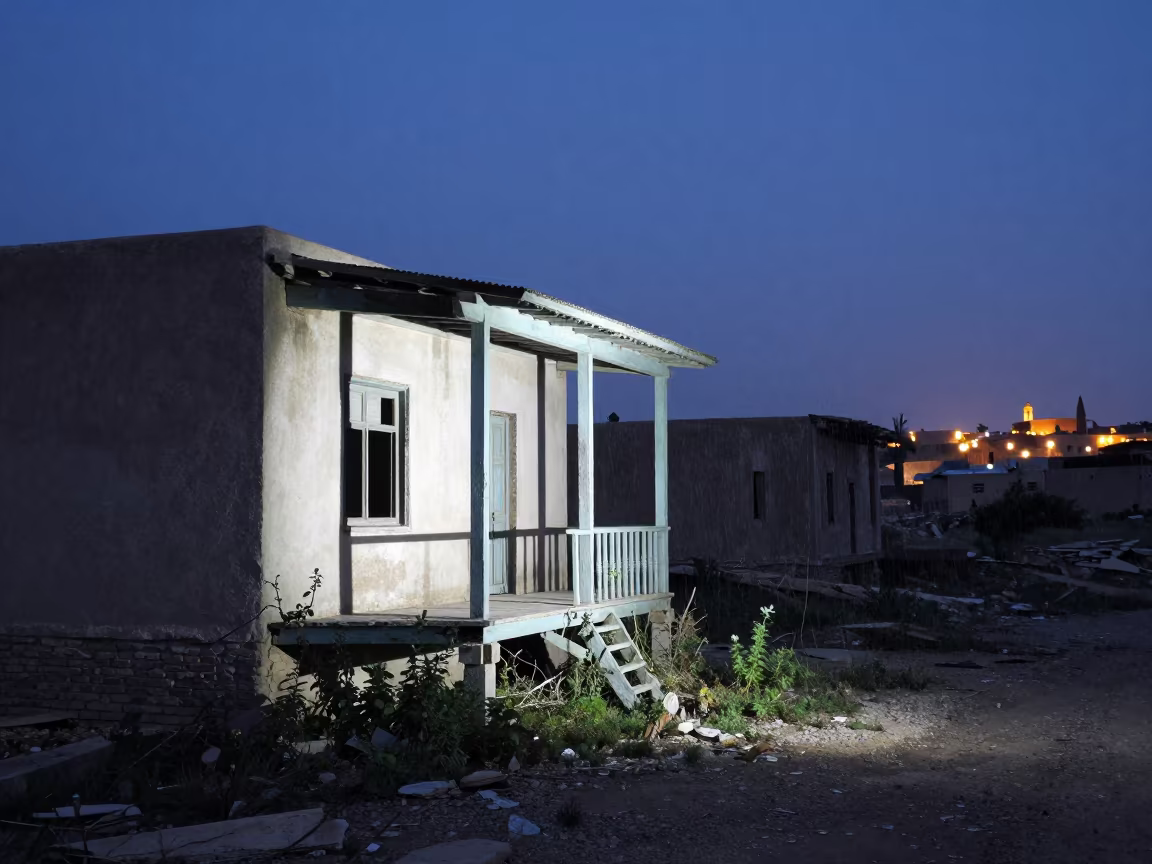 Sagging Porch in Egyptian Ruins Twilight in among collapsed cloisters in Egypt