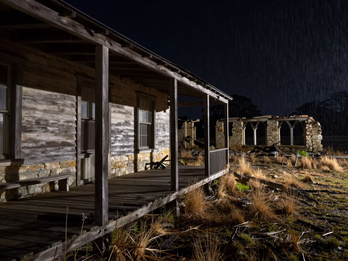 Sagging Porch Over Weeds in Night Shadow in among collapsed cloisters in South Australia