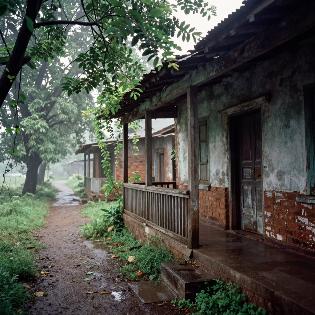 Sagging Porch Over Weeds in Telangana Rain in along a vine-choked corridor in Telangana