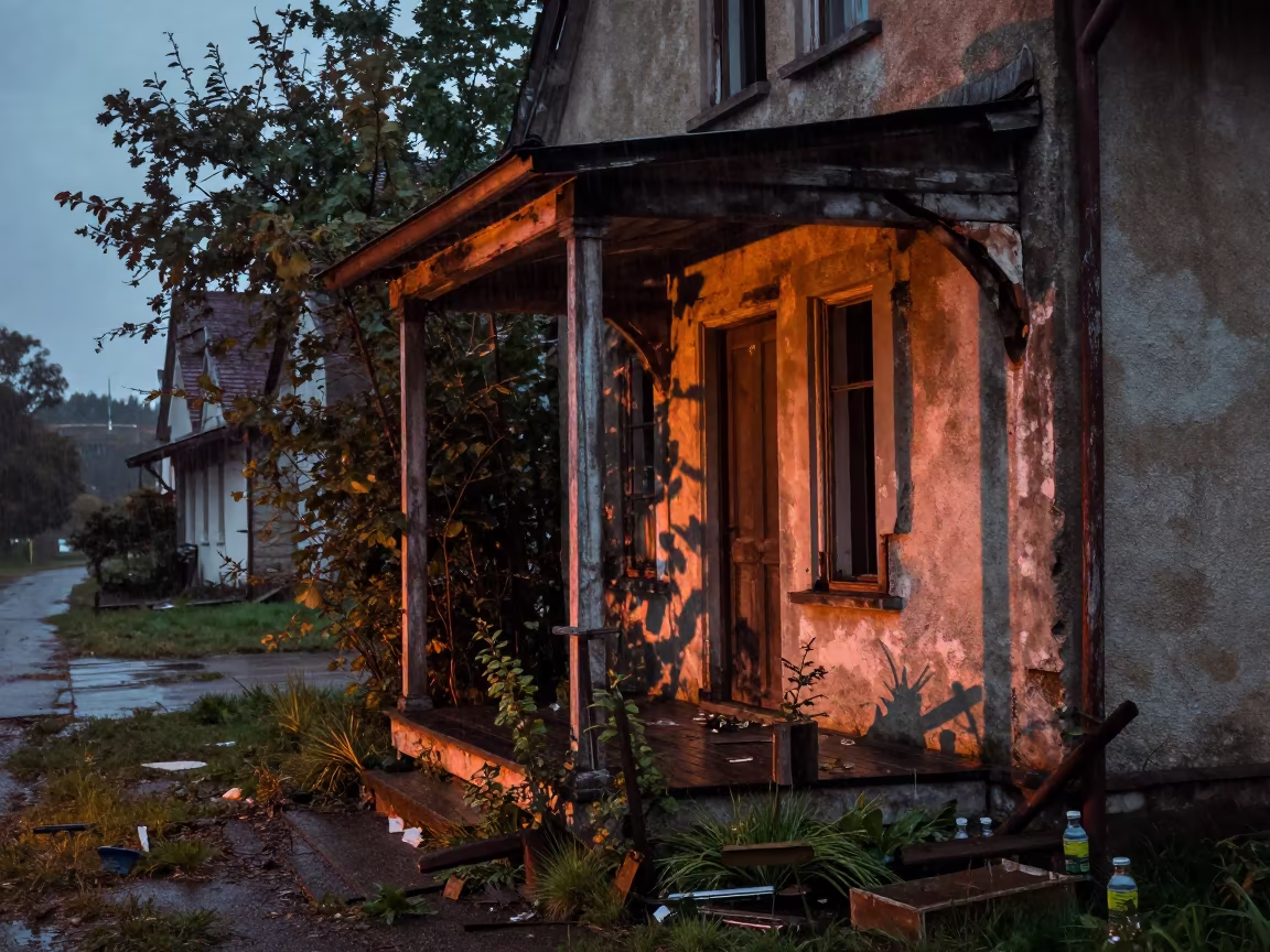 Sagging Porch Ruin Under Stone Arch Carrefour in beneath a broken stone arch near Carrefour