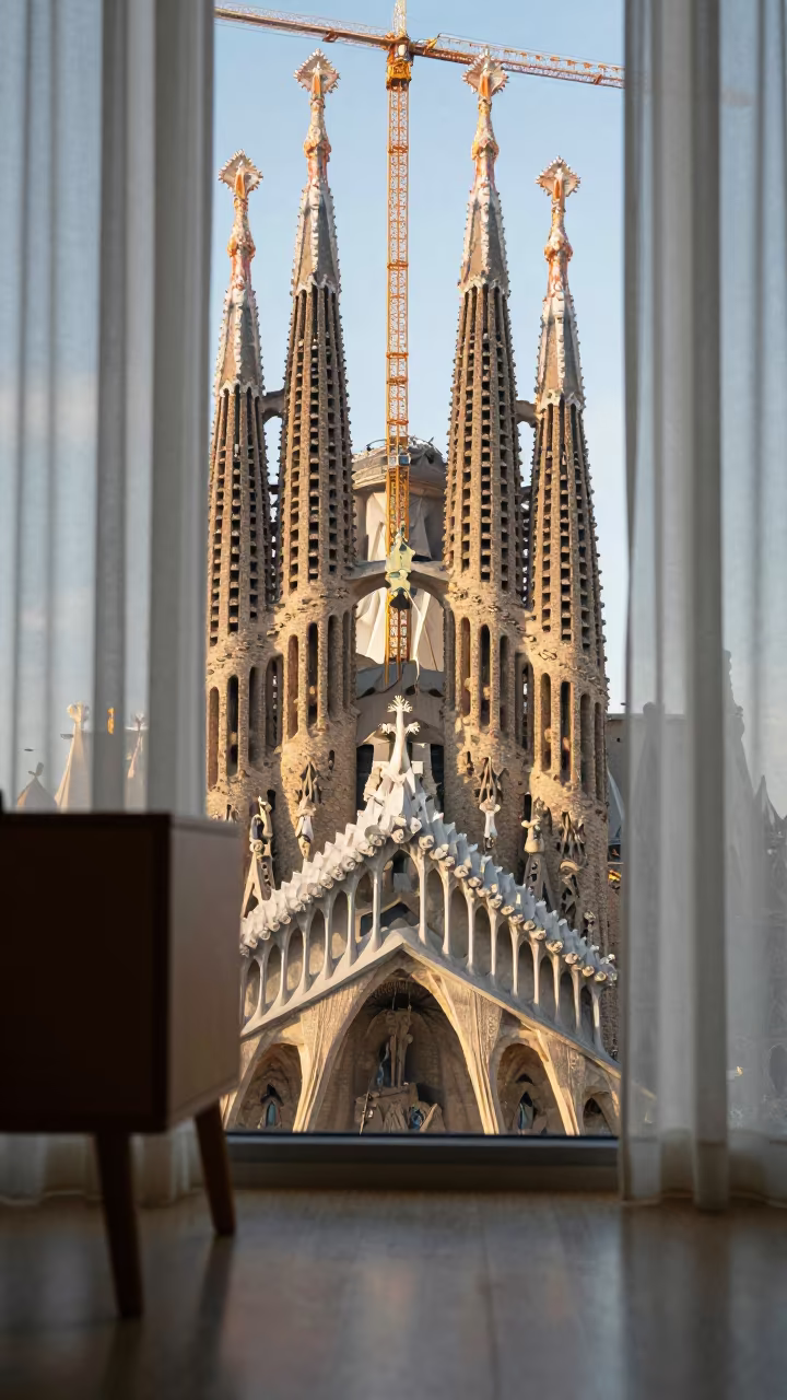 Sagrada Familia towers seen through Barcelona curtains in on a bedside table in Barcelona