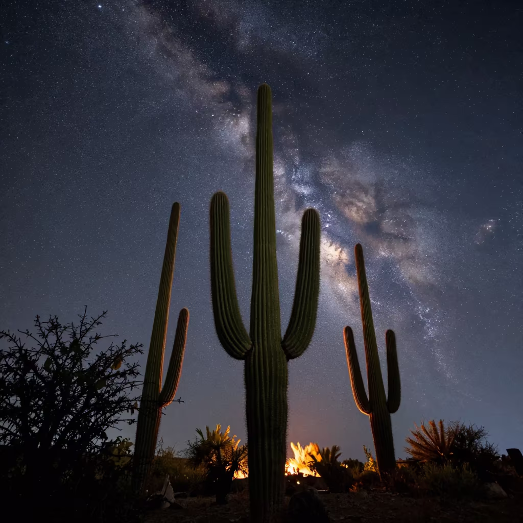 Saguaro Cacti Under Milky Way Near Ankara in beneath thin cloud gaps and stars near Ankara
