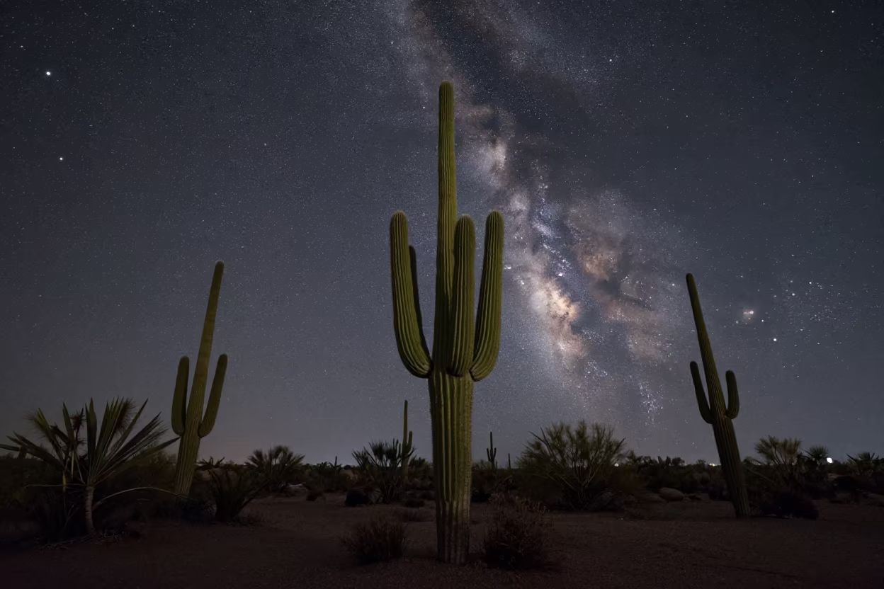 Saguaro Cacti Under Milky Way Near Casablanca in beneath a dark-sky overlook near Casablanca
