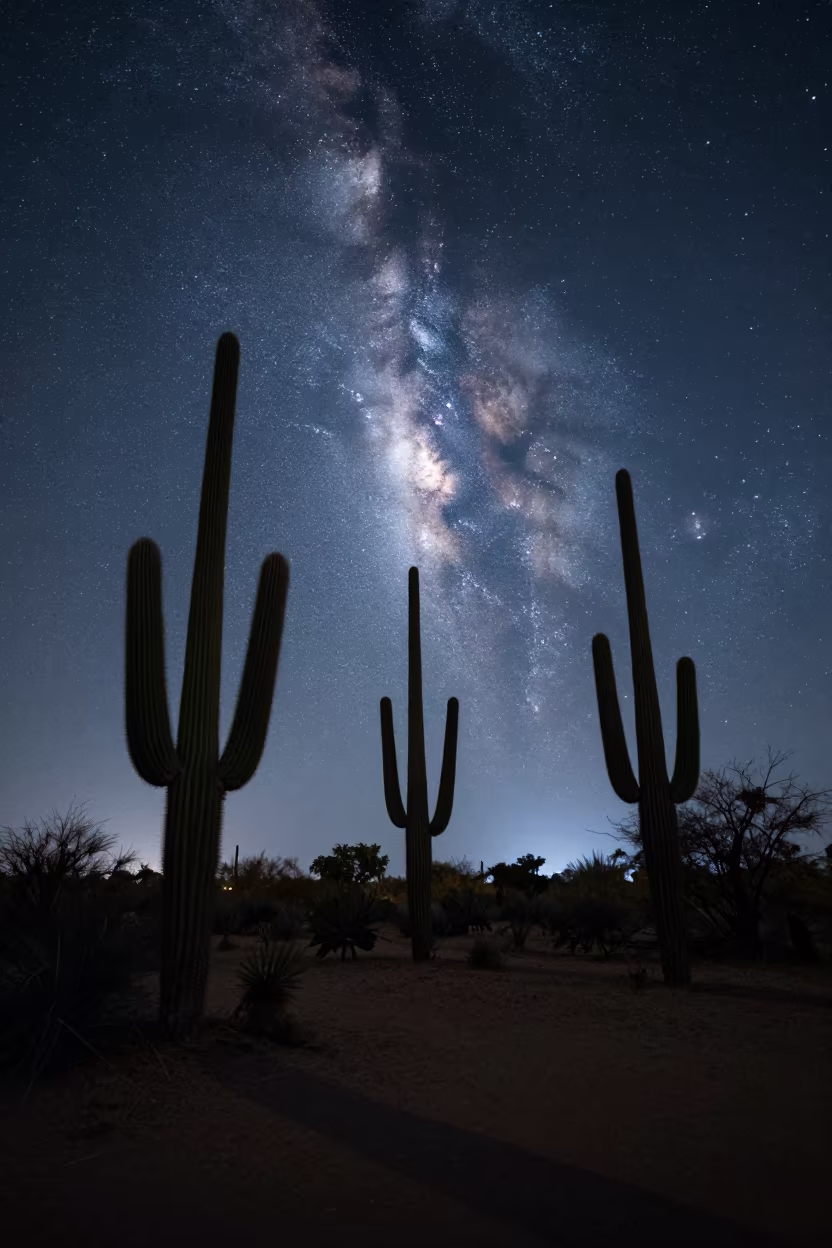 Saguaro Cacti Under Milky Way Near Gurgaon in under a band of cold starlight near Gurgaon