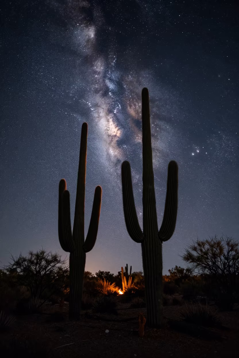 Saguaro Cacti Under Milky Way Night Sky in beneath a dark-sky overlook in New Jersey