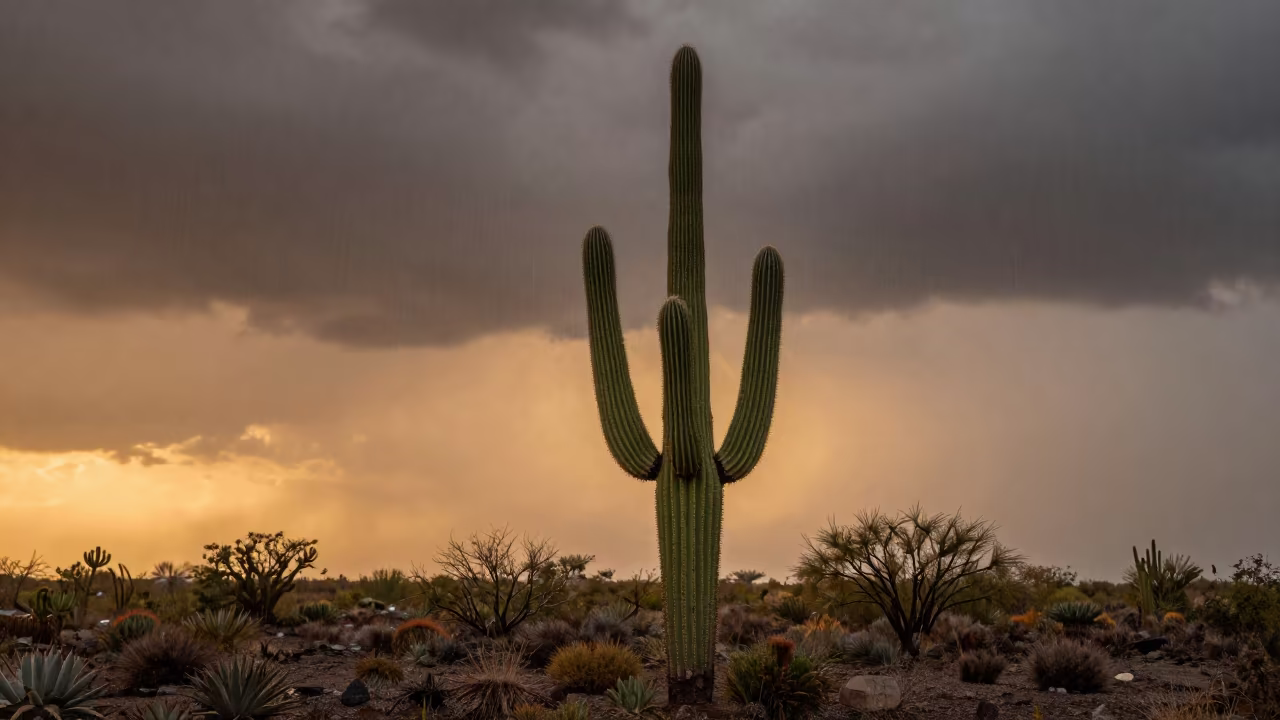 Saguaro Cactus in Amber Sunset Rain in near Victoria